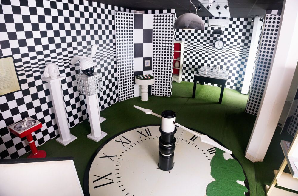 Interesting view of interior of escape room stylized under chessboard
