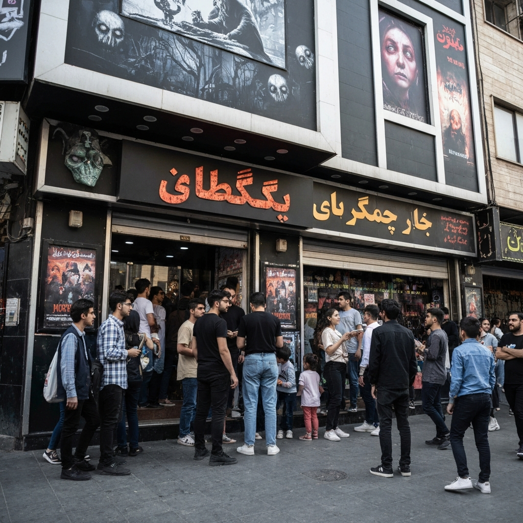 تصویری از فضای بیرونی یک سینما ترس محبوب در تهران با جمعیت مشتاق.